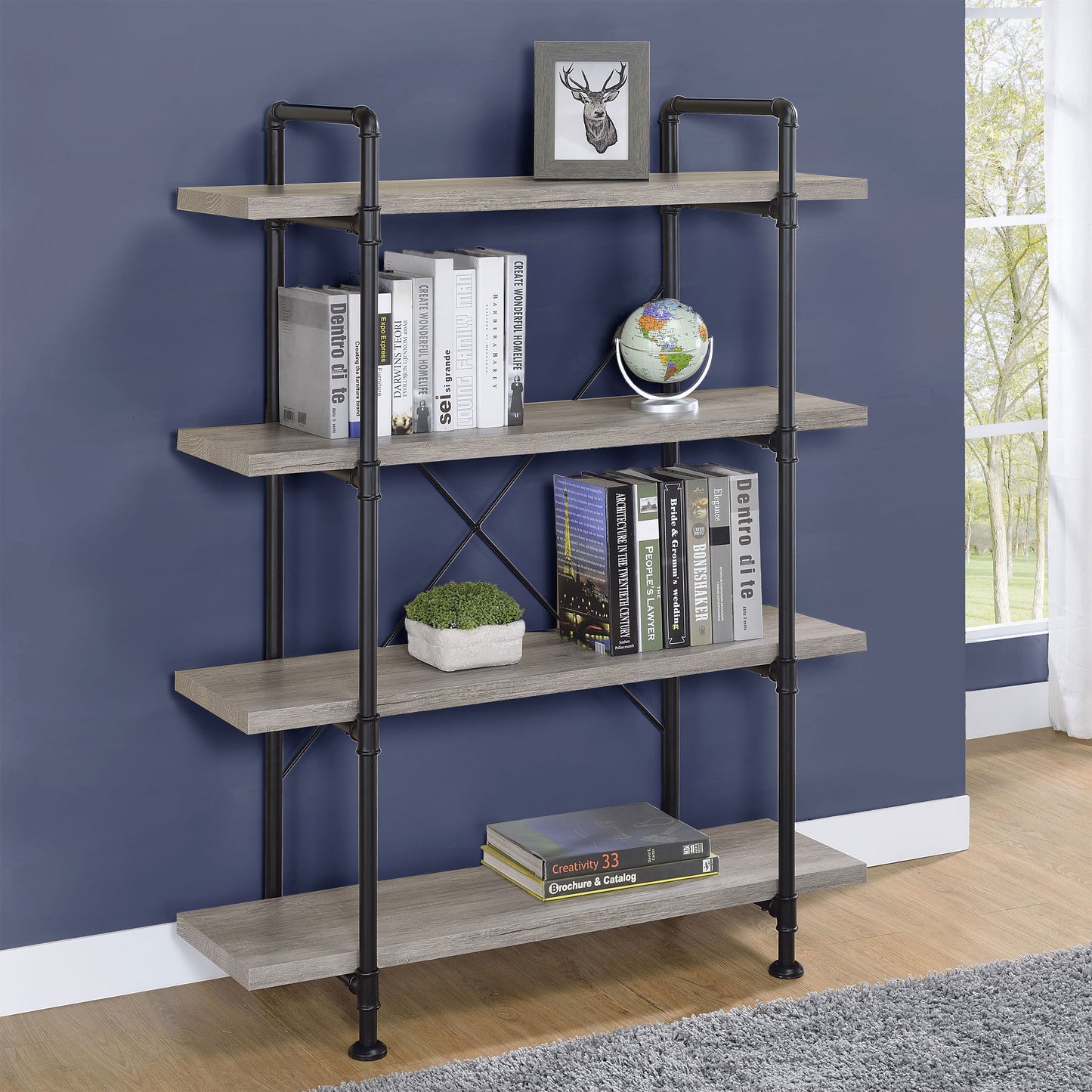 Delray 56-inch 4-shelf Bookshelf Grey Driftwood and Black