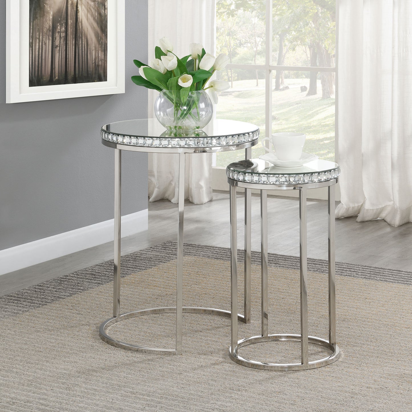 Addison 2-piece Round Mirror Top Nesting Tables Silver