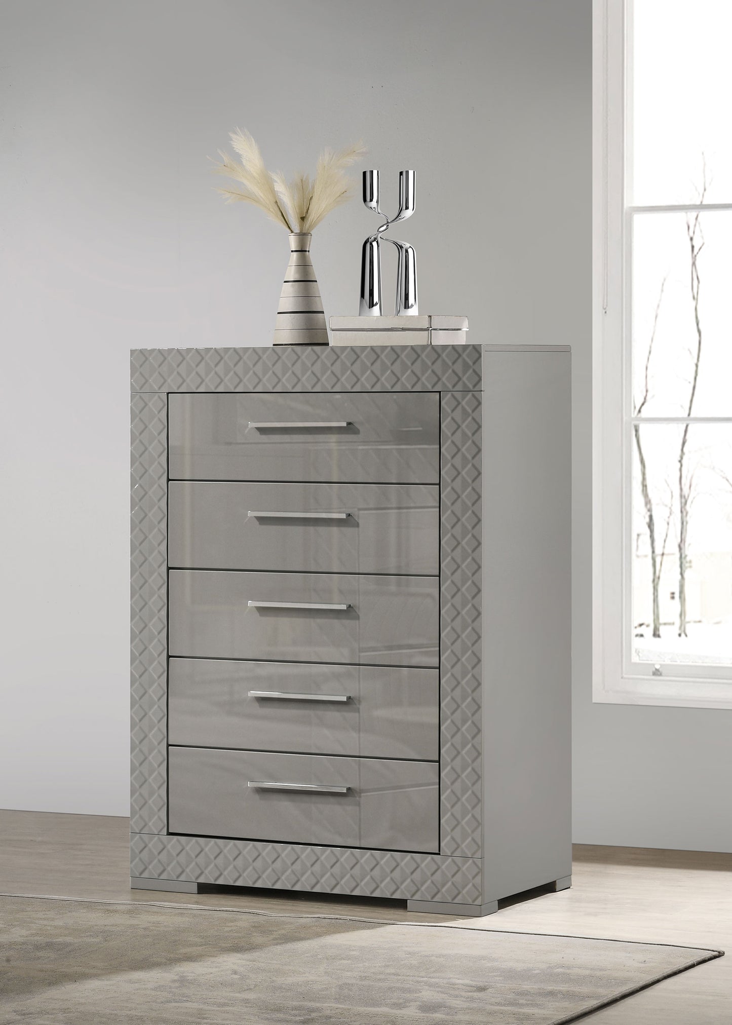 Ives 5-drawer Bedroom Chest of Drawers Grey High Gloss