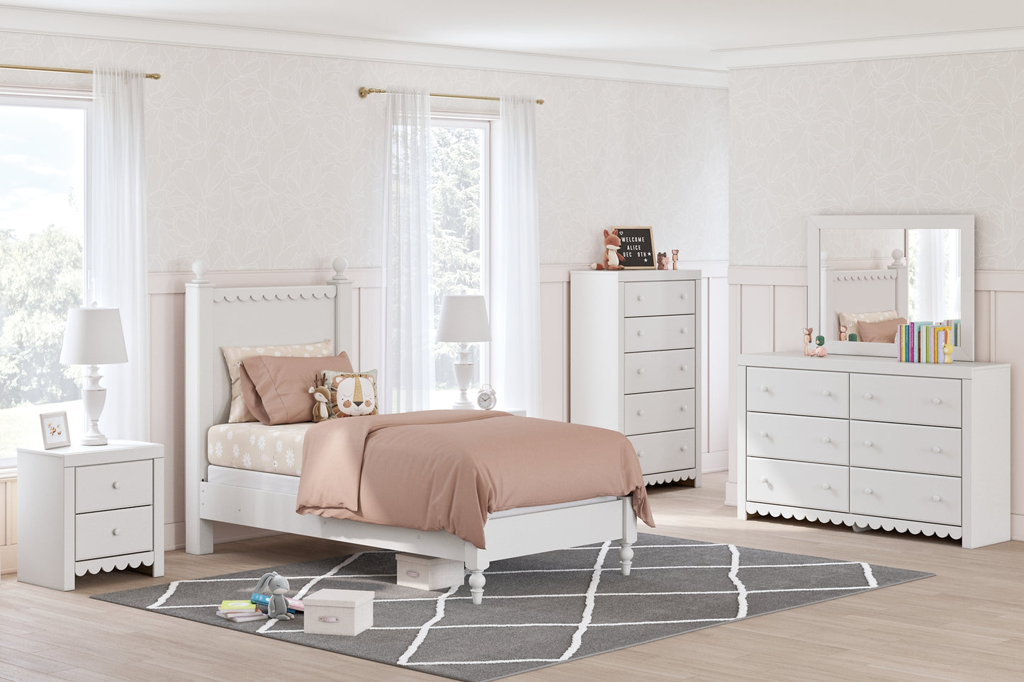 Mollviney Full Panel Storage Bed with Mirrored Dresser, Chest and Nightstand