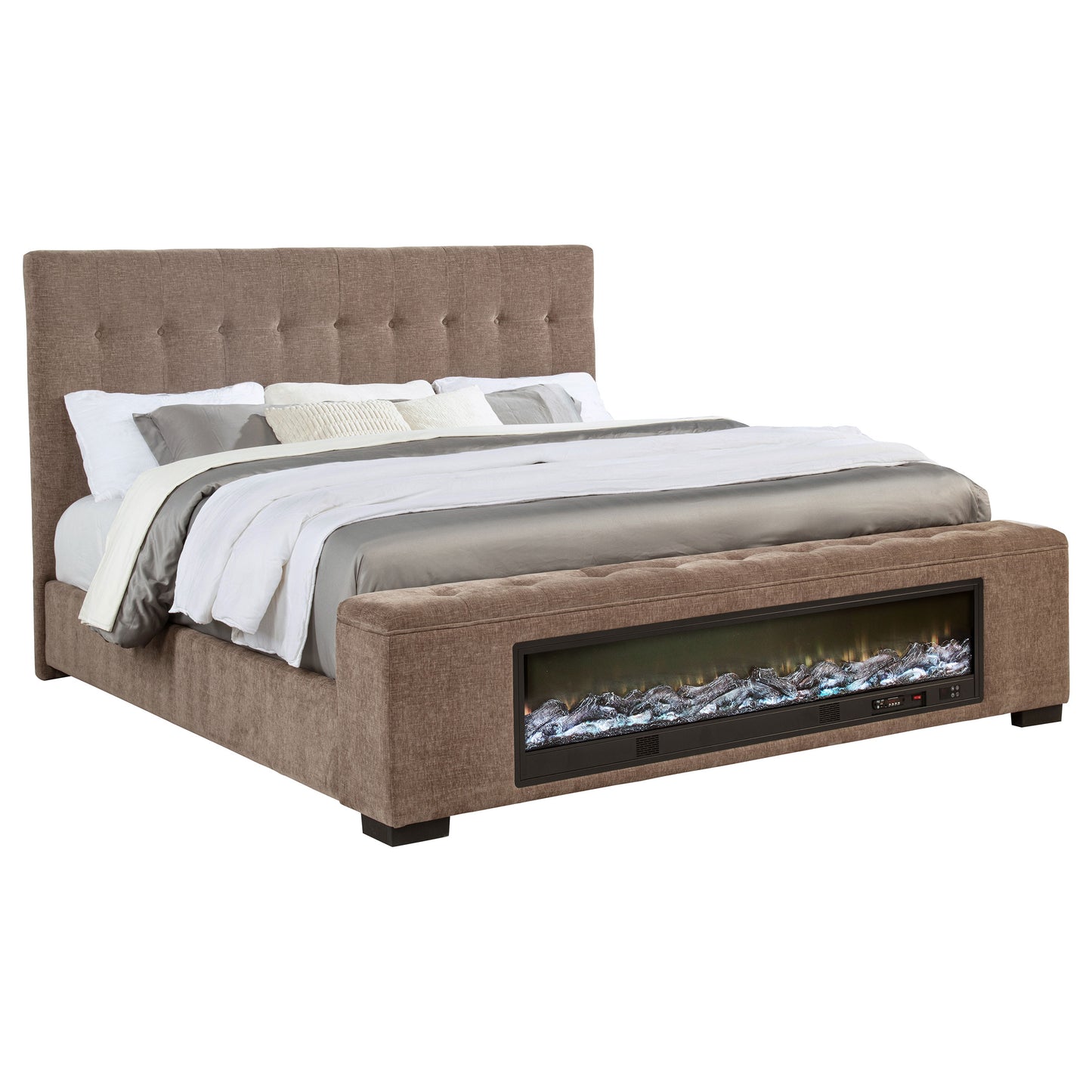 Senna Upholstered Eastern King Audio Fireplace Bed Brown