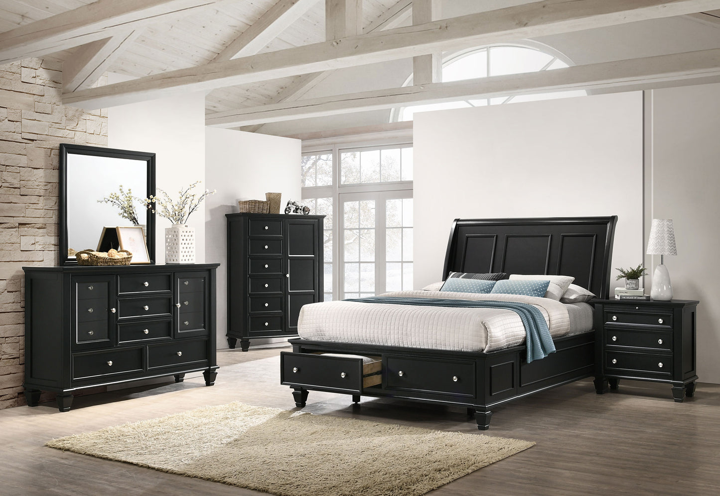 Sandy Beach Wood Queen Storage Panel Bed Black