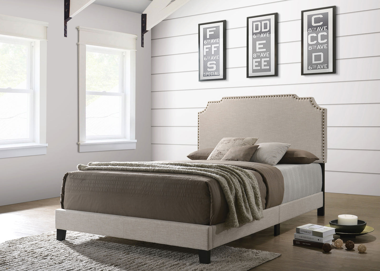 Tamarac Upholstered Eastern King Panel Bed Beige