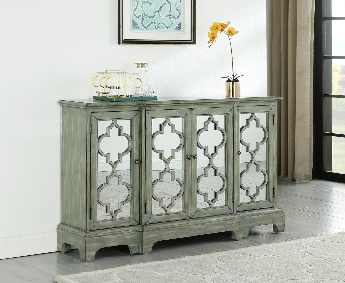 Erigeron 4-door Wood Trellis Storage Accent Cabinet Grey